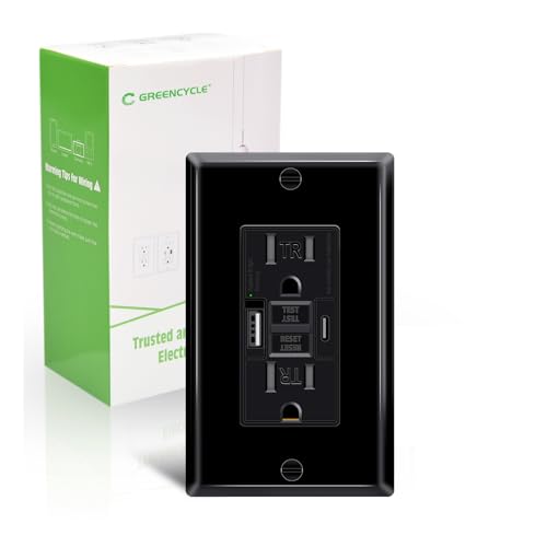 Greencycle Black 15 Amp GFCI Outlet with USB C & USB A Ports, 1PK Self Test GFCI Electrical Outlet Combination with USB,with LED Indicator,Residential & Commercial Grade, Includes Wall Plate & Screws