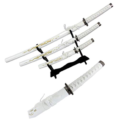 Isaazon 3 Pc Japanese Samurai Katana Sword Set Ninja Dragon w/Stand White