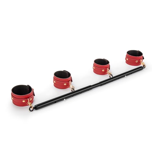 3 in 1 Heavy Duty Stainless Steel Expandable Spreader Bar with 4pcs PU Rose-Gold Adjustable Straps,Workout Bar for Home Gym Training Bar,Portable Detachable Pilates Kit (Black+Red PU Kit)