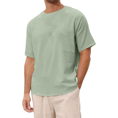 2026 - Camisa de lino de color liso para hombre, manga corta, camiseta de playa con cuello redondo, camiseta para hombre, sexy, camiseta de tirantes para hombre, verde, 3XL