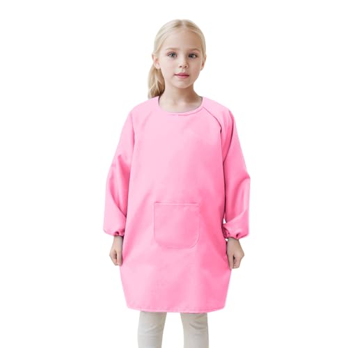 Camiseta para niñas 2026 delantal de bata de arte para niños con bolsillo para niños, delantales de artista, bata con largo color sólido verano camisetas de té negro, Rosa., 8-12 años