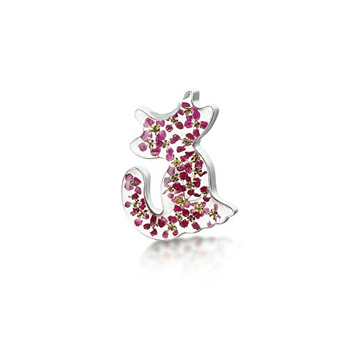 Preisvergleich Produktbild Katzenbrosche Handgefertigte Silberbrosche mit echten Blumen. Ideales Geschenk für Katzenliebhaber. Inklusive Geschenkbox. Brosche mit vergoldetem Anstecker Sterling-Silber 925