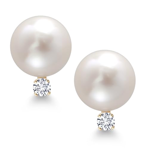 Gem Stone King 14K Yellow Gold Cultured Freshwater Pearls and White Lab Grown Diamond Stud Earrings For Women (Pearl: 6.5MM, Diamond: 0.13 Cttw, Round 2.5MM)2