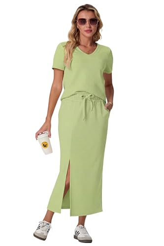 Image of GRECERELLE Women Summer Casual 2 Piece Sets V-Neck Wrinkle-Free Top & Elastic Waist Midi Side Slit Skirt with Pockets