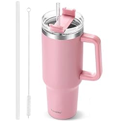 40 oz Tumbler with Handle and Straw, Pink Insulated Travel Mug Iced Coffee Cup, Reusable Stainless Steel Insulated Water Bottle, Keeps Drinks Cold for 34 Hours, Women Christmas Gifts for Mom Grandma