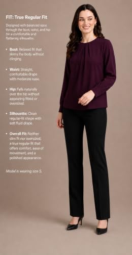Image of Mirana Women's Full Sleeve Solid Top | Round Neck Pleated Front Regular Fit Office Casual Blouse with Button Cuffs