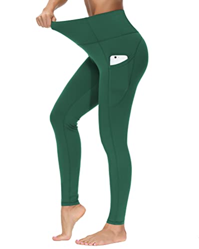 THE GYM PEOPLE Thick High Waist Yoga Pants with Pockets, Tummy Control Workout Running Yoga Leggings for Women (Large, Dark Green)