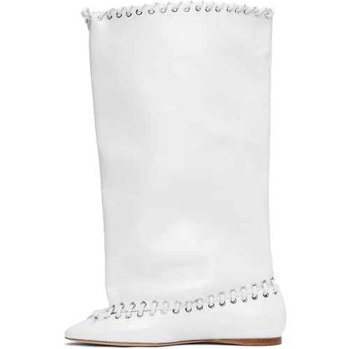 UniqueStride Women Mid Calf Boots Crinkled Lace Up Bow Metal Eyelets Pull On Round Toe Leather Wide Calf Flat Boots