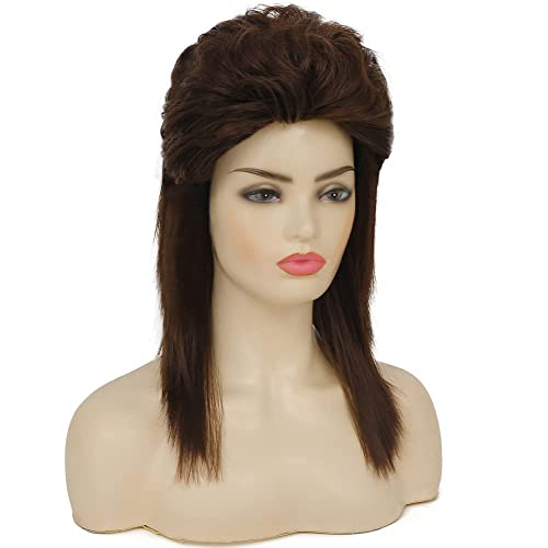 Image of Swiking Brown Mullet Wigs for Women Curly 70s 80s Rocker Shoulder Length Hair Cosplay Synthetic Women Wigs (Brown)