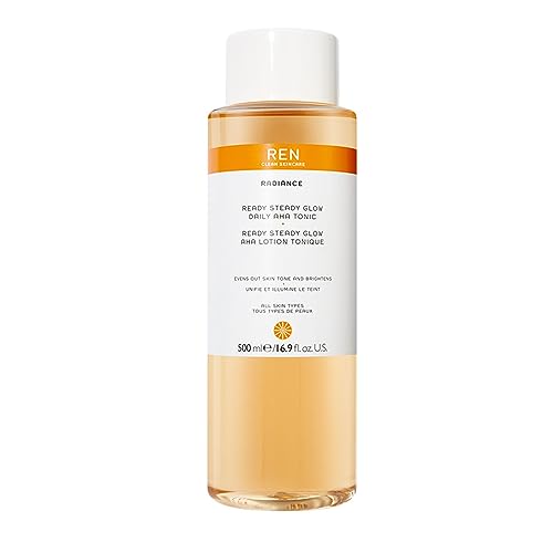 REN Ready Steady Glow Daily AHA Tonic, 500ml – Brightening Exfoliating Toner with Lactic Acid and Salicin, Reduces Pores, Evens Skin Tone, and Boosts Radiance, Clinically Proven for All Skin Types