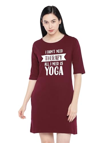 Image of STATUS MANTRA Women's Long T-Shirt Dress - Cotton Casual Knee Length Dress with 3 /4 Sleeves | Soft Bio-Washed Fabric, Crew Neck, Relaxed Fit | Comfy Summer Lounge Wear