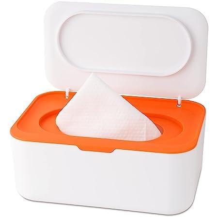 hebezon wipes dispenser, dustproof tissue storage box case wipes pouch case baby napkin storage box holder wet wipes dispenser holder with lid for home office desk (white with orange)