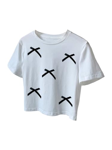 Image of RoseSeek Women's Bow Print Short Sleeve Round Neck Oversized Tops Basic Loose Fit Drop Shoulder Tees for Summer
