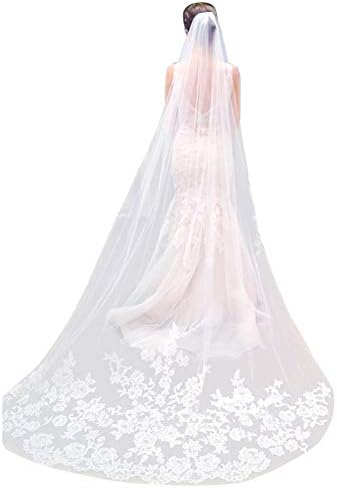 Qivange Wedding Veil White Ivory Cathedral Veil Lace Applique Edge 3M Long Bridal Veil w/Comb