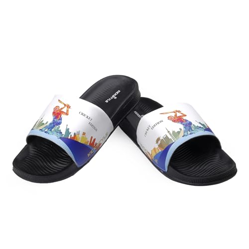 Image of Men's Cricket Edition Printed Sliders | Lightweight EVA Cushioned Slip-On Flip Flops | Anti-Skid Casual Bathroom, Home & Outdoor Sandals for Boys & Men