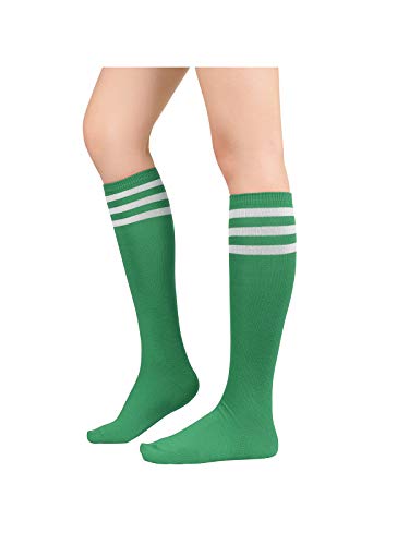 Green Knee High Socks Accessories - Long Thin Athletic Socks for Women with Three White Stripes