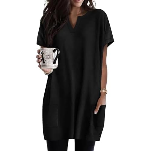 Rapbin Womens Tunics or Tops to Wear with Leggings Short Sleeve V Neck Long T-Shirts with Pockets 2026 Spring Shirts Black Medium