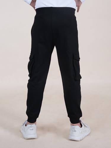 Image of KiddoPanti Boys Solid Fleece Cargo Track Pants | Cotton Poly Fleece Fabric | Ankle Length Jogger | 2 Cargo Pocket,1 Side Pocket | Elastic Waist & Drawcord | Jogger Track Pants