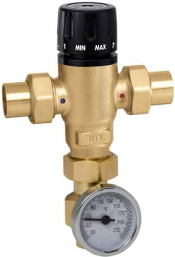 3/4" Male NPT MIXCAL 3-Way Adjustable Thermostatic Mixing Valve w/Temp Gauge & Inlet Check Valves