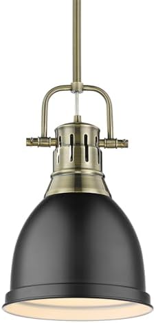 Golden Lighting -Duncan Small Pendant with Rod in Aged Brass with Matte Black- Pendant Lights, Ceiling Light Fixtures