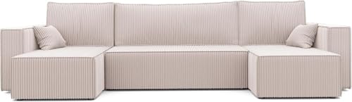 IDOHOME LIt Canapé en U 312x145 Canapé Panoramique Convertible Velours Cotelé Beige Sofa XL Surface de Couchage 268 x 125 cm