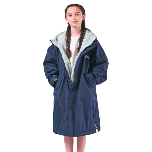 Kids Outdoor Changing Robe for Boys & Girls Long Sleeve Coat Windproof & Waterproof Robe with Hood For Beach Wild Swimming Surfing & Walking Oversized Quick Dry. Juniors. (Age 9-13 Years Navy)