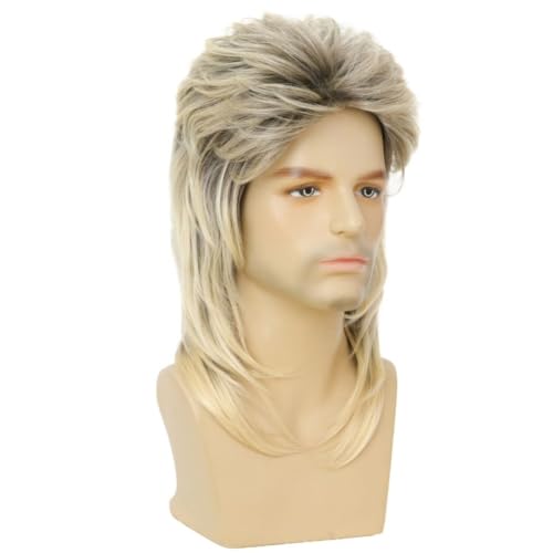 Image of Swiking Mens Mullet Wig Blonde and Dark Foot Retro 70s 80s Disco Rocker Curly Punk Fancy Party Halloween Cosplay Costume Full Wigs (Black and Blonde)