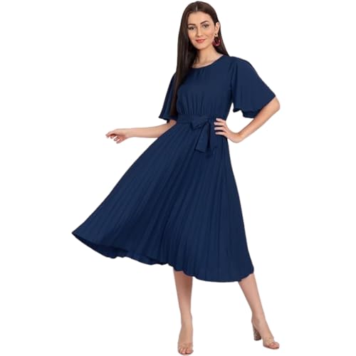 Image of KUDUZO Women's Crepe Long Pleated Below Knee Length Flutter Sleeve Round Neck S to XL Maxi Dress for Girls. (EG-U0IM-B9A1)