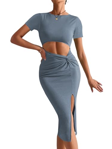 Image of Rooscier Women's Twist Cutout Waist Split Crewneck Short Sleeve Bodycon Midi Dress