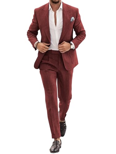 Conjunto de traje de lino para hombre, esmoquin casual, 2 piezas, blazer de ajuste regular, chaqueta y pantalones sólidos con un botón, para graduación, boda, fiesta, granate, 64