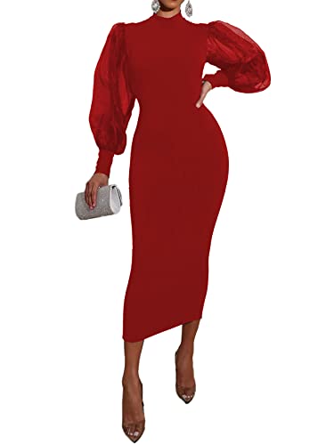 Lyaner Women's Mock Neck Mesh Long Sleeve Zipper Bodycon Maxi Long Dress Red Large #TOP2