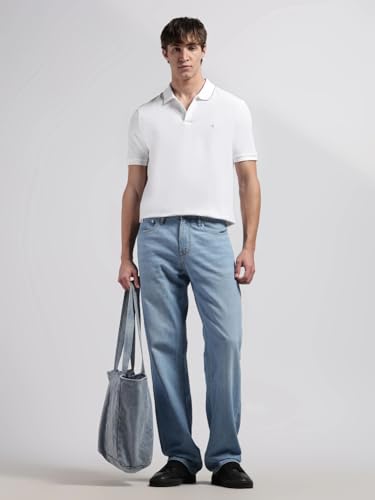 Image of Calvin Klein Jeans Solid Regular Fit Cotton Polo T-Shirt Breezy Blue