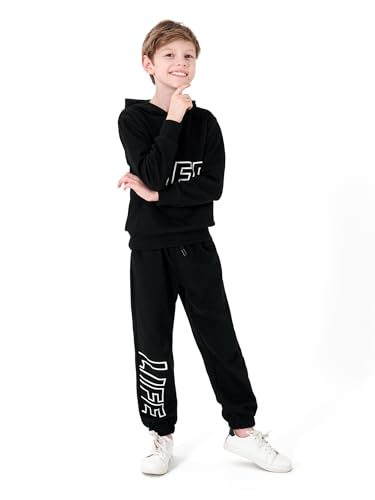 NATUST Kids Tracksuit Hoodie with Jogger Sweatpants Sports Activewear Set Girls Boys Black 9-10 Years (manufacturers's size: 140)
