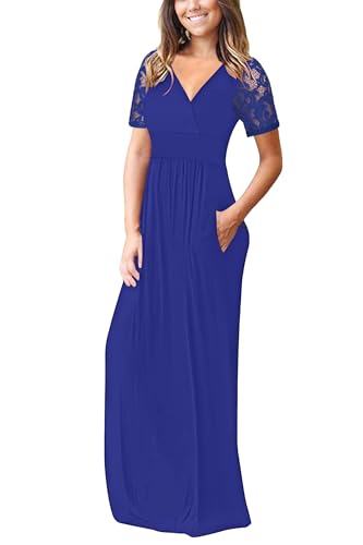 Image of AUSELILY Maxi Dresses for Women 2026 Lace Short Sleeve V Neck Wrap Long Dress with Pockets