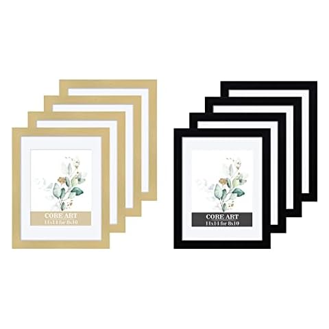 CORE ART Picture Frames Black Set of 4 and Gold Set of 4, Display Pictures 8x10 with Mat or 11x14 without Mat Cover