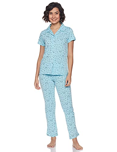 Easybuy Women’S Knitted Printed Nightwear Pajama Set (Au21Bh59Lw_Blue_Xl)