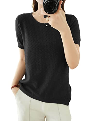 Womens Short Sleeve Sweaters Tops Summer Thin Pullover Cotton Knit Shirt Crew Neck Lightweight Pointelle Blouse