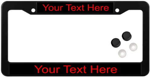 Abs Plastic Black Personalized With Custom Text Design Laser Engraved Standard Size (6”X12”) - Car/Automobile License Plate Frame With Free Caps - Black/Red Text (Qty: 1 Frame) #TOP25