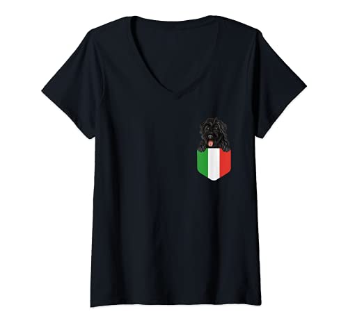 Womens Italy Flag Bouvier des Flandres Dog In Pocket V-Neck T-Shirt, Black