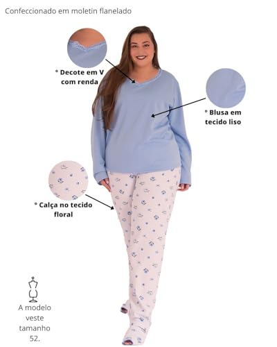 Pijama Feminino Flanelado Decote V Com Renda Calça Estampada (Azul, 52)