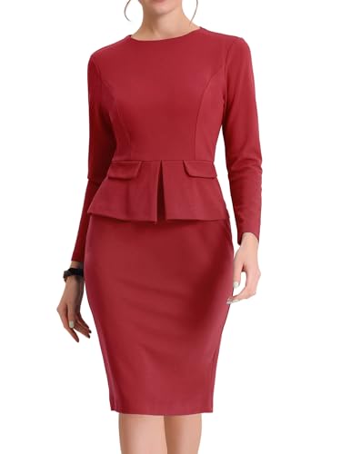 Image of Allegra K Women's Bodycon Dresses Round Neck Long Sleeve Casual Work Outfits Peplum Sheath Dress