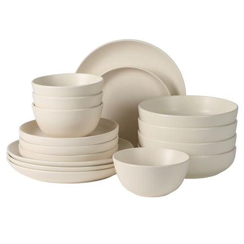 Image of Gibson Elite Leeds Court Plates and Bowls Sets, 16-Piece Stoneware Dinnerware Sets, Cream White, Round Speckle Reactive Glaze Dish Set