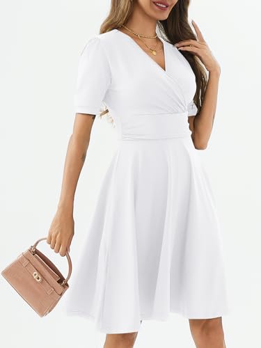 Image of Women's Summer Casual Dress Short Sleeve Wrap V-Neck A-Line Dress Sundress Wedding Guest Cocktail Midi Dresses