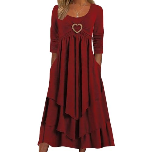 Bengbobar Women's Heart Crewneck Long Sleeve Tiered Dresses Solid Color Casual Fall Wedding Party Guest Dress with Pockets