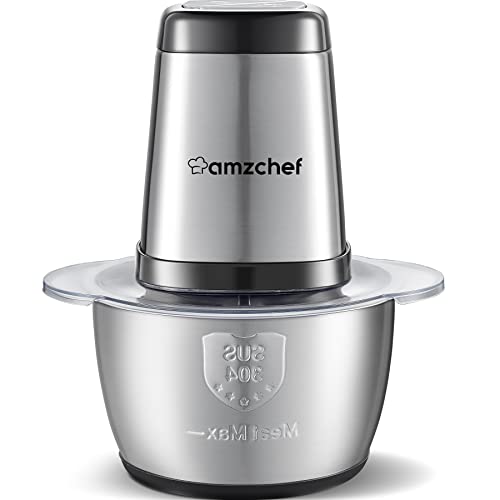 Picadora de carne -AMZCHEF picadora de carne eléctrica con recipiente de acero inoxidable de 1.5L - Picadora carne con 4 cuchillas para picar carne, cebollas, frutas y verduras,500W, 2 velocidades.