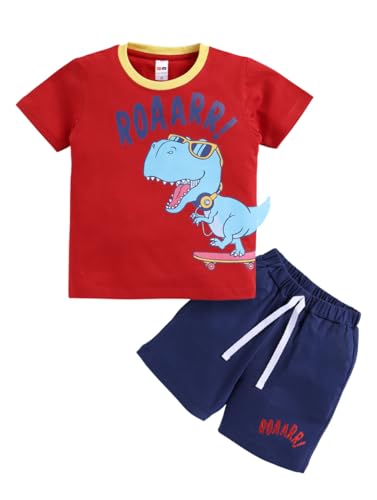 Image of LITTLE NINJA Pure Cotton Knee Length Half Sleeve Roaring Dinasour Printed Tee & Shorts Set - Red 0-6M