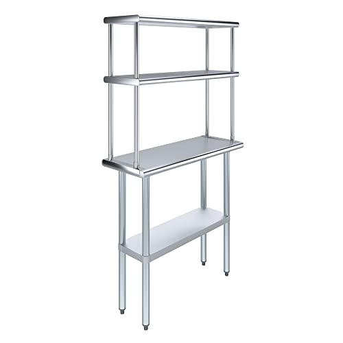 Image of AmGood Stainless Steel Work Table with 12 inch Wide Double Tier Overshelf | Metal Kitchen Prep Table & Shelving Combo | NSF (Stainless Steel Table with Double Overshelves, 36 inch Long x 14 inch Deep)