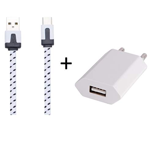Pack Chargeur pour Nextbit Robin Smartphone Type C (Cable Noodle 1M Chargeur + Prise Secteur USB) Murale Android (Blanc)