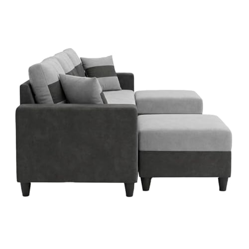 Image of Cavona 5 Seater L Shape Sofa Set with 2 Movable Ottomans | Flexible Layout | Luxury Velvet Suede Fabric | Modern Living Room Sofa | Dark Grey-Light Grey