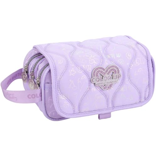 Estojo Escolar Infantil Triplo com 3 Compartimentos, Fecho em Zíper, Divisórias Espaçosas, Design Acolchoado com Alça Lateral, Material Resistente, Meninas (Lilás)
